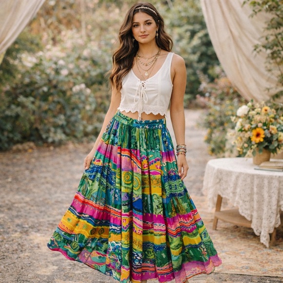 robert stock Dresses & Skirts - 100% SILK PATCHWORK TIERED MAXI SKIRT ELASTIC WAISTBAND SIZE MEDIUM